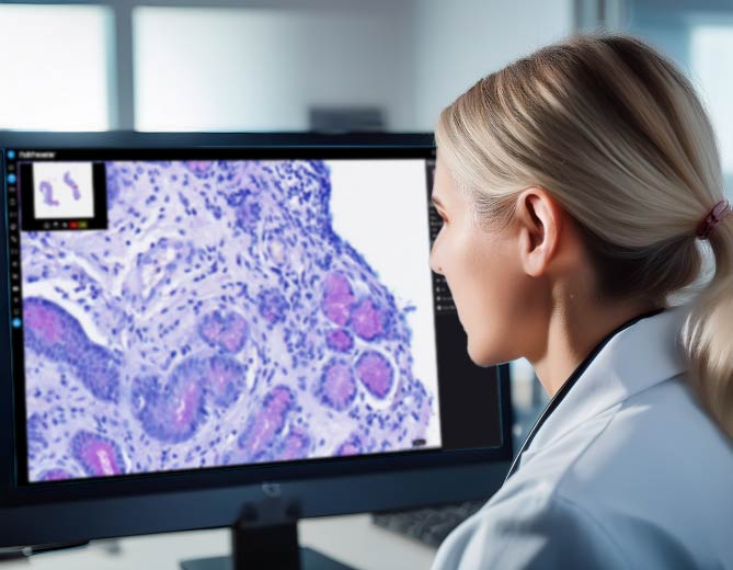 Pathologist at monitor viewing PathPresenter slide