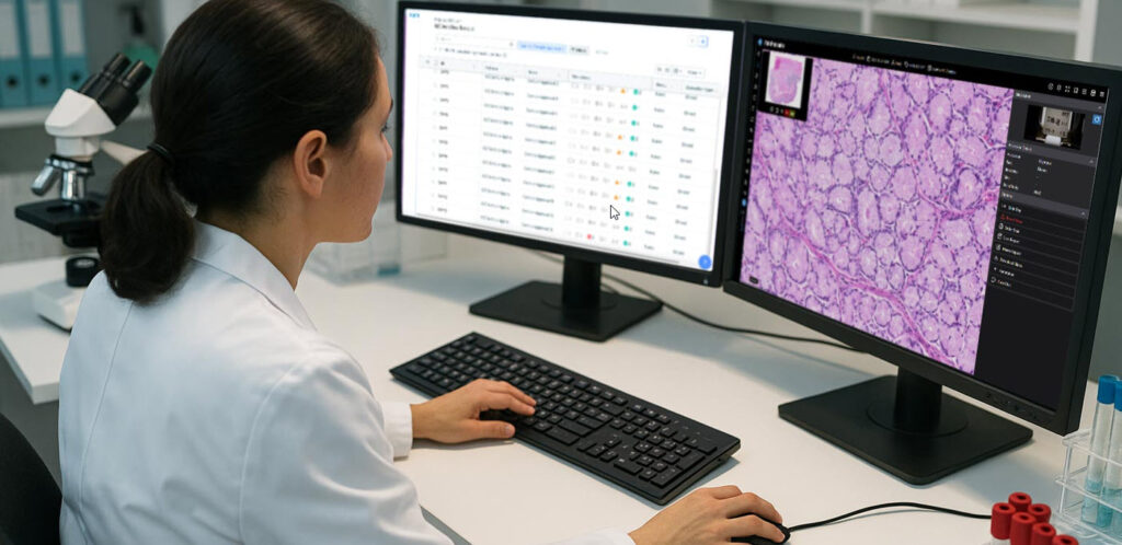 Pathologist with LIS and IMS screens