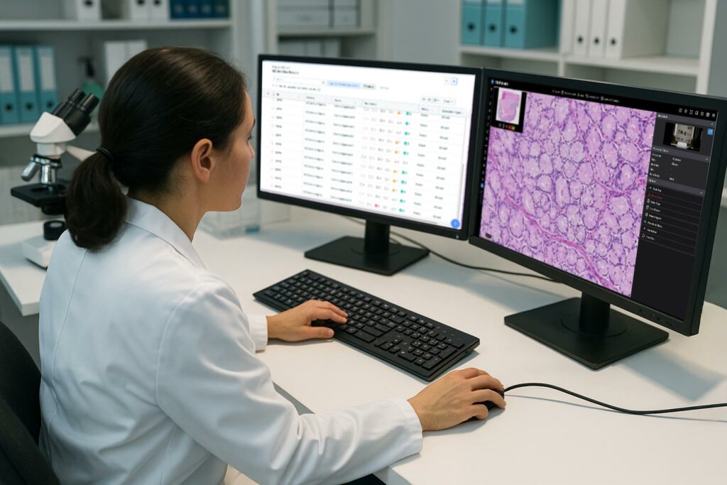 Pathologist with two monitors